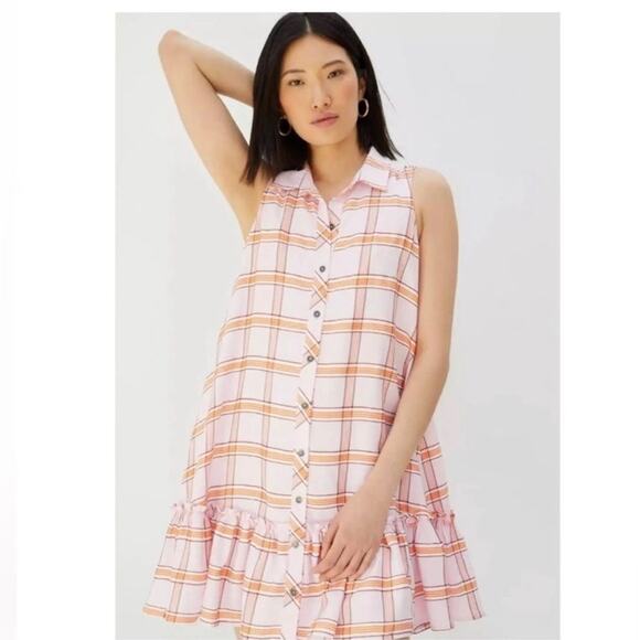 Anthropologie Dresses & Skirts - Anthropologie Maeve flounced hem plaid mini dress pockets pink sz XS